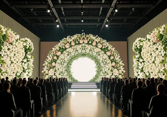 Large floral installations on a stage for a corporate event.