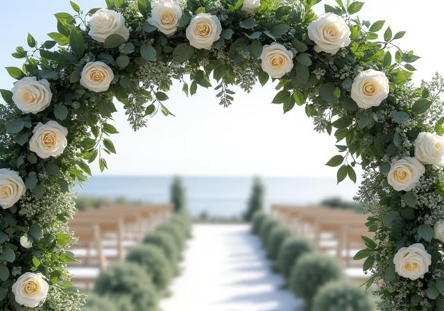 A stunning wedding floral archway decorated with white roses and eucalyptus.